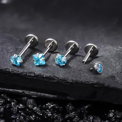 Titanium Flat Back Lip Rings Internally Threaded Earrings Studs Nose Rings 20G 18G 16G Round Heart Square CZ Tragus Cartilage Lobe Rook Helix Conch Labret Medusa Piercing Jewelry for Women Men - color: Ocean Blue CZ, size: 20G-6/8/10mm