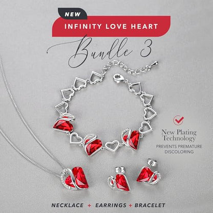 Leafael Necklace Gift Set for Women, Infinity Love Birthstone Heart Pendant with Matching Earrings and Bracelet, for Mom and Wife, Silver Plated - color: 01Set-January & July-Siam Ruby Red