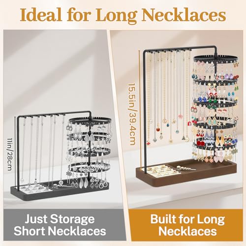MODOWEY Rotating Earring Holder Organizer Jewelry Stand Adjustable Display | 285 Slots Dangle Tree 14 Hooks Tall Necklace Rack for Women, 5 Tiers Compact Large Capacity Metal Tower with Wooden Ring Tray - color: Black-Brown
