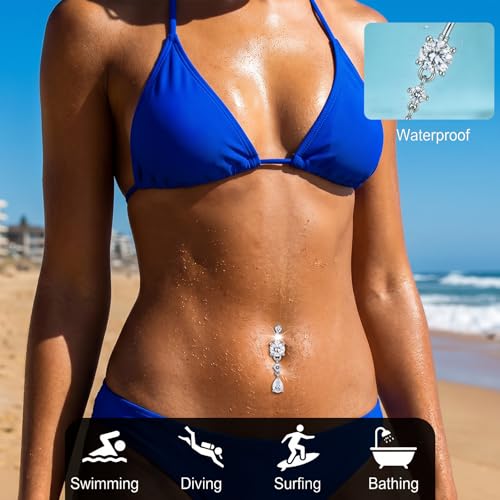 Titanium Belly Button Ring, 14G Internally Dangle Belly Ring for Women | Surgical Steel 316L, Teardrop Shiny CZ Belly Belly Piercing Jewelry