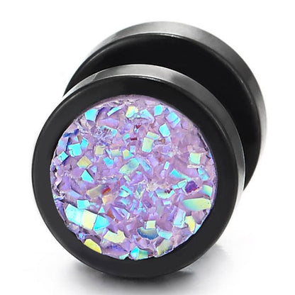 Stainless Steel Black Druzy Stud Earrings, Iridescent Purple Inlay Faux Plug Jewelry, Punk Gothic Round Piercing, Modern Minimalist Accessory, Gift for Teens