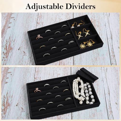 Jewelry Box Insert Organizer for Drawer, Stackable Trays Velvet Jewelry Drawer Inserts, Ring Earring Stud Necklace Holder Display Storage Case(Black, 8.3 x 4.9in) - color: Black