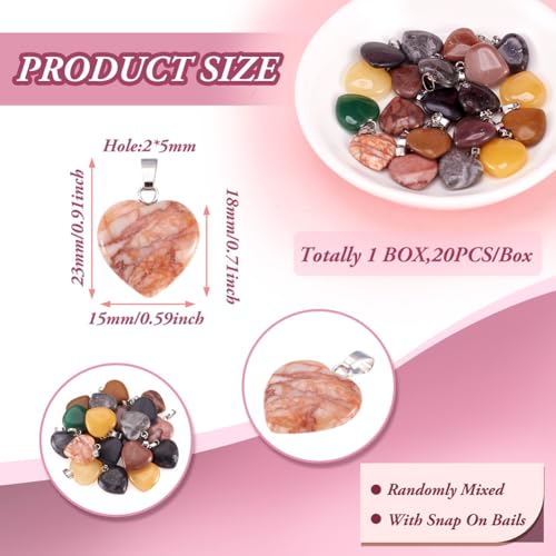 20Pcs Heart Shaped Stone Pendants 15 Styles Healing Crystal Chakra Gemstone Rock Necklace Charms for Jewelry Making Hole: 2x5mm - color: 1-Mixed Color-Heart-Random 20pcs