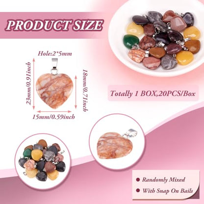 20Pcs Heart Shaped Stone Pendants 15 Styles Healing Crystal Chakra Gemstone Rock Necklace Charms for Jewelry Making Hole: 2x5mm - color: 1-Mixed Color-Heart-Random 20pcs