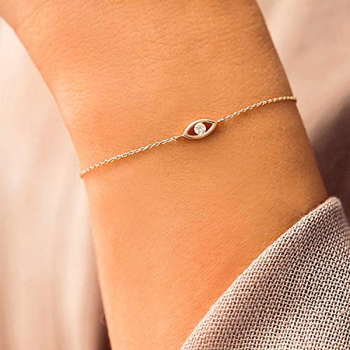 MEVECCO Dainty Chain Bracelets for Women, Layered and Charm Styles | 14K Gold Plated Brass, Select Cubic Zirconia Accents, Single and Multi-Row Structures for Refined Everyday Wristwear - style: White CZ Evil Eye