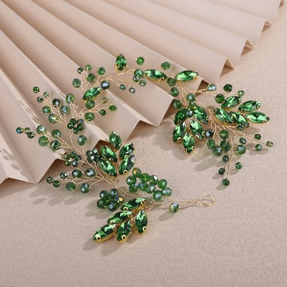 Teyglen Green Crystal Bride Flower Wedding Hair Vine Handmade Rhinestone Headband Bridal Hair Piece for Women Party Prom Headpiece Sparkly Rhinestone Hair Accessories (Green) - color: Green