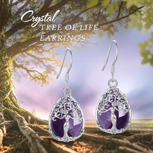 AEONSLOVE Tree of Life Crystal Earrings with Sterling Silver Ear Hooks, Dangle Drop Tree Earrings Gifts for Women - style: A01-Amethyst-Teardrop