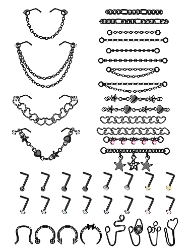 Stainless Steel Nose Rings Chain Horseshoe Nose Ring Body Piercing Jewelry | African Star Heart Studs Horseshoe Nose Cuff Septum Chain Body Piercing Jewelry Set for Women Men, Silver - color: Black