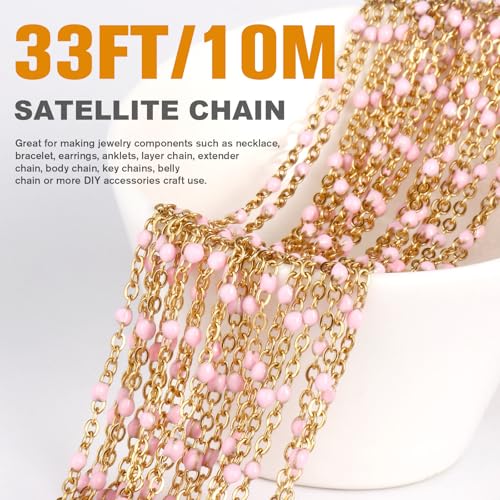 33FT 2mm Gold Cable Chains Pink Enamel Chains Bulk Roll for Jewelry Making | 18K Gold PVD Plated Stainless Steel Enamel Beaded Chains Roll for Necklace Bracelet - color: Gold Pink Beads