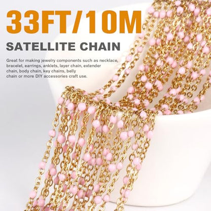 33FT 2mm Gold Cable Chains Pink Enamel Chains Bulk Roll for Jewelry Making | 18K Gold PVD Plated Stainless Steel Enamel Beaded Chains Roll for Necklace Bracelet - color: Gold Pink Beads