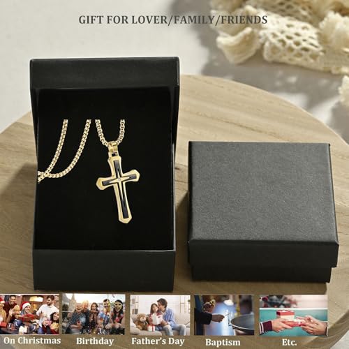 MOOSKI Cross Necklace for Men Stainless Steel Christ Jesus Jewelry 24"Chain | Religious christ Pendant ,Adjustable Rolo Chain,Gold Silver/Black Christian Jewelry Gift Women Men - color: Gold&Black