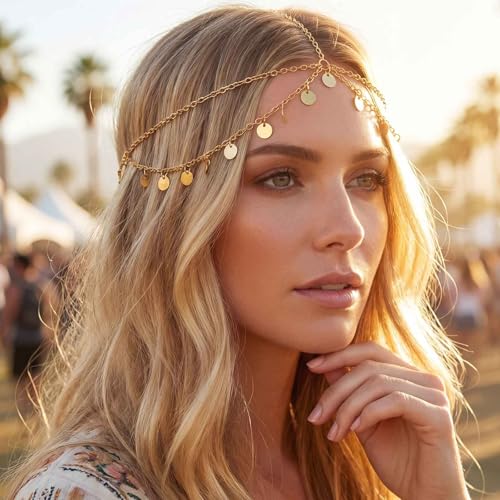 Yokawe Gold Sequins Head Chain Jewelry Bohemian Layered Festival Costume Headpieces Hair Accessories for Women
