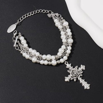 Bocar Gothic Cross Layered Pearl Necklace Chunky Statement Stacked Necklace Y2K Silver Layered Necklace for Women (NK-10769) - color: 799-White Set