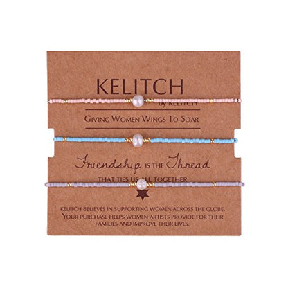 KELITCH 3 PCS Natural Pearls Bracelets Women Strand Thin Rope Friendship Bracelets Handmade Stack Charm Bracelets - color: 02Q