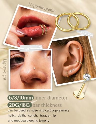 JeryWe 12PCS Nose Rings for Women - Gold Plated Hypoallergenic Surgical Steel Nose Rings Hoops Lip Septum Clicker Ring CZ Screw L Shaped Studs Threadless Flat Back Stud Nostril Piercing Jewelry - color: Gold Tone - Heart