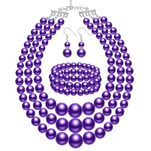 Haysandy Pearl Jewelry Set for Women 20s Jewelry Gift | Retro Layered Necklace Bracelet Earring, Costume Accessories for Derby Wedding Prom Party, Dress Matching Occasions - color: Bright Purple