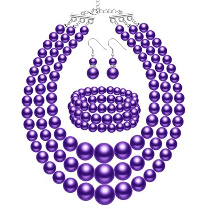Haysandy Pearl Jewelry Set for Women 20s Jewelry Gift | Retro Layered Necklace Bracelet Earring, Costume Accessories for Derby Wedding Prom Party, Dress Matching Occasions - color: Bright Purple