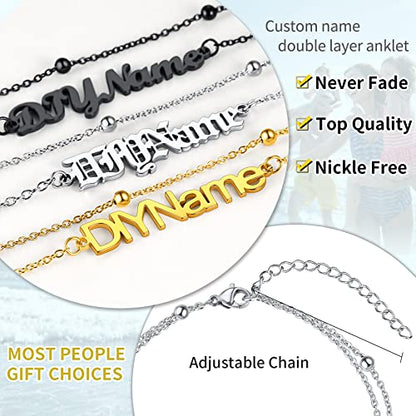 ChainsHouse Double Layer Anklet Bracelet for Women,Adjustable Chain Anklets Stackable Dainty Anklets,Stainless Steel/Gold Plated/Black Ankle Jewelry Gifts - color: A-Silver-Bead Chain