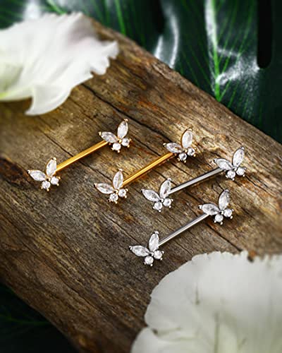Butterfly Nipple Rings for Women 14G Nipple Piercing Jewelry Gold Nipple Ring Surgical Steel Nipple Shield CZ Nipple Barbell Body Piercing Jewelry for Women - color: Silver