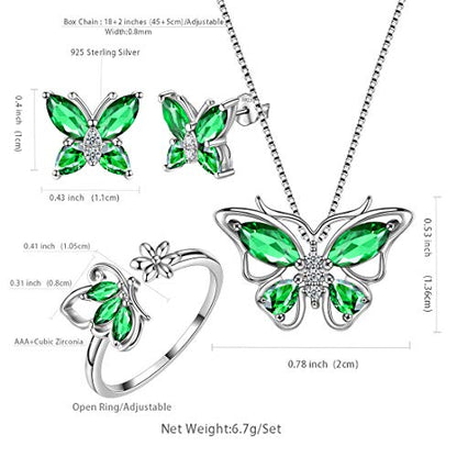 Aurora Tears Butterfly Jewelry,Women 925 Sterling Silver Butterflies Birthstone Pendant Necklace/Earrings/Rings Wedding Gift - color: E.May-set 2