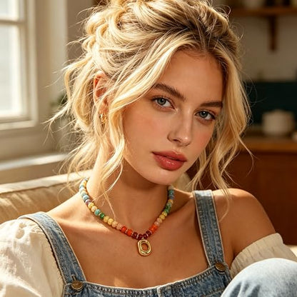 YUJIE Colorful Beaded Necklace for Women, Chunky Boho Choker with Large Gold Puffy Heart Pendant, Trendy Summer Beach Y2K Statement Jewelry Gift - color: oval