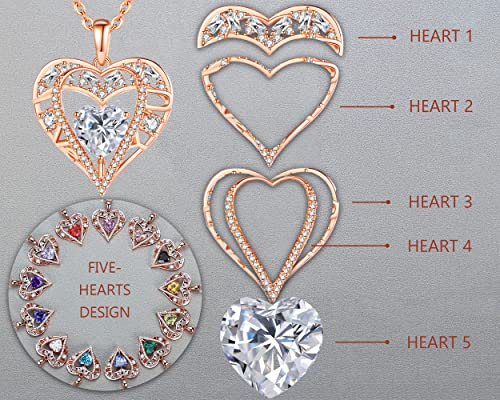 5 Heart I Love You Necklace for Women, Birthstone Crystal Pendant, Birthday Gift for Her, Wife, Mom, Rose Gold or Gunmetal Plated, 925 Sterling Silver Chain 18"+2" - color: 04-April-Diamond Crystal White-Rose Gold Plated