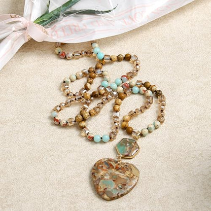 Yomisa Long Necklaces for Women Trendy, 33/34/35 inch | Boho Beaded Necklaces for Women, Natural Stone Pendant, Handmade Knotted Bead, Bohemian Holiday Summer Western Charm Jewelry - color: Love-Beige