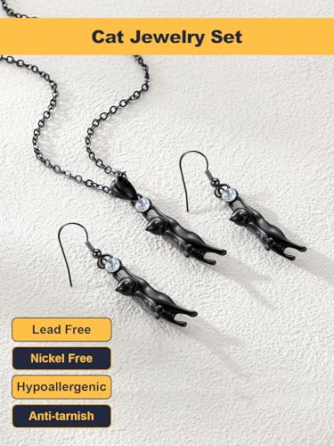 U7 Cat Pendant Necklace for Women Stainless Steel Cute Kitty Cat Jewelry Gift - style: Black (Necklace+Earrings)