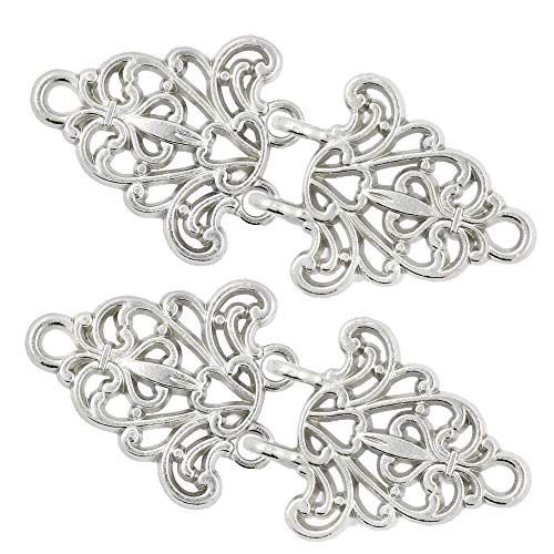 Bezelry 4 Pairs Filigree Trivet Cape or Cloak Clasp Fasteners. 64mm x 29mm Fastened. Sew On Hooks and Eyes Cardigan Clip (Silver)