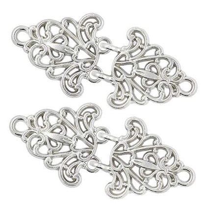 Bezelry 4 Pairs Filigree Trivet Cape or Cloak Clasp Fasteners. 64mm x 29mm Fastened. Sew On Hooks and Eyes Cardigan Clip (Silver)