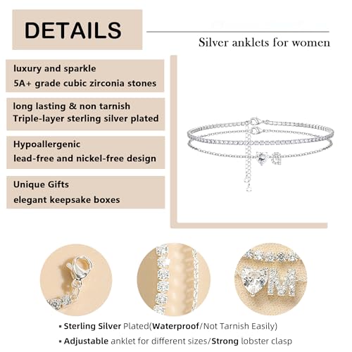 Heart Initial Silver Anklets for Women Waterproof Dainty Silver Plated ankle bracelets for women Large Ankle Women's Anklets Tennis ankle bracelets Non Tarnish Summer Beach Foot Jewelry - style: Silver-G