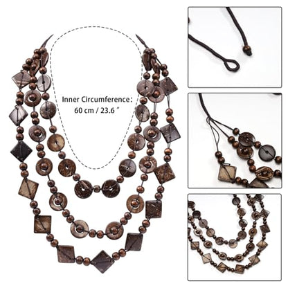 Wood Beads Necklace & Earrings for Women Chunky Multi-Layering Choker Necklace Ear Pendant - color: Multilayer