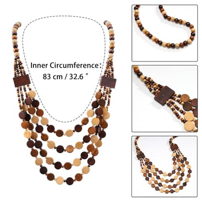Wood Beads Necklace & Earrings for Women Chunky Multi-Layering Choker Necklace Ear Pendant - color: B