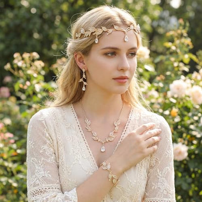 Wedding Jewelry Set for Women, Rhinestone Leaf Tiara Headband Crown Necklace Earrings Bracelet for Women - color: Rose Gold