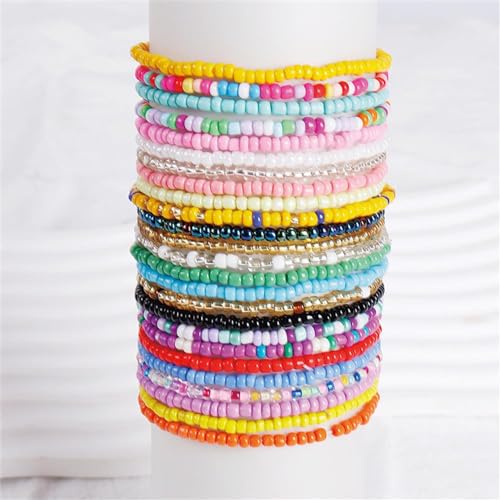 Soyzvteo 17Pcs Elastic Beaded Bracelets Bohemian Stackable Beaded Stretch Bracelets Colorful Boho Beach Bracelet Set Rainbow Handmade Seed Beach Bracelet Jewelry - color: 24Pcs