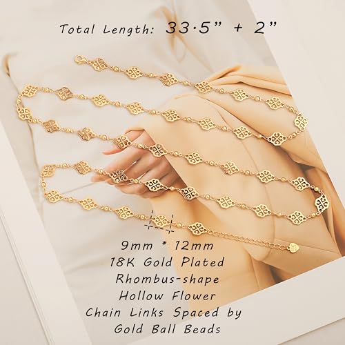 Aobei Pearl 18K Gold or Platinum Long Chain Necklace for Women Chunky Statement Chain Link Necklace Adjustable Geometric Open Chain Layering Jewelry - color: Gold Rhombus Flower Chain