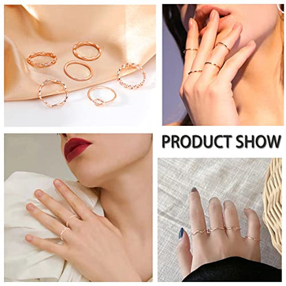 ZOERAY Gold Silver Stackable Rings for Women Non Tarnish CZ Ring Set | 10PCS 14K Gold Plated, Dainty Stacking Band Rings, Cross Wave Paperclip Knot Knuckle Thumb Ring, Jewelry Gifts, Size 4-11 - color: Rose Gold