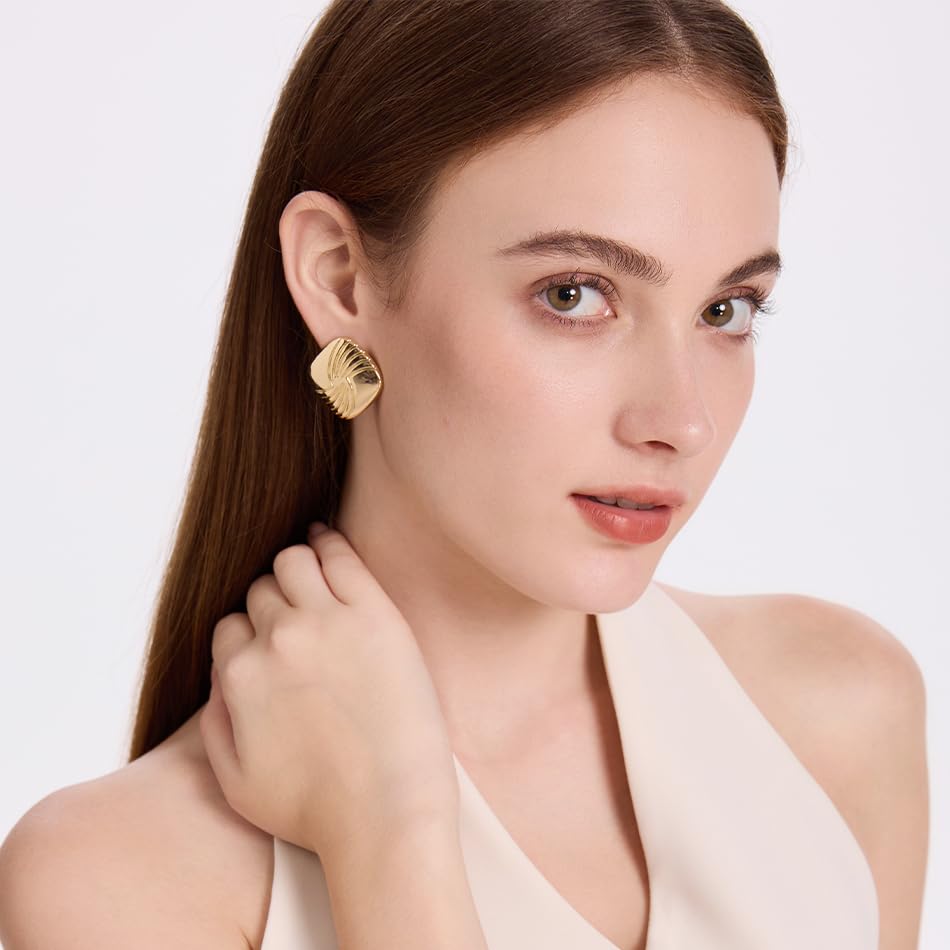Gold Chunky Statement Earrings for Women, Trendy 14K Gold Plated Square Geometric Vintage Drop Dangle Designer Stud Earrings, Jewelry Gift - style: square-gold