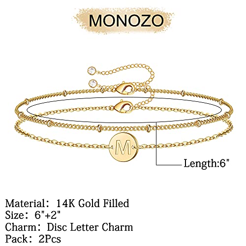 Gold Initial Bracelets for Women Girls Jewelry Gifts - Dainty 14K Gold Plated Layered Beaded Letter Bracelet 26 Alphabet Disc Monogram Initial Bracelets Birthday Gifts for Women Girls Teens - style: M