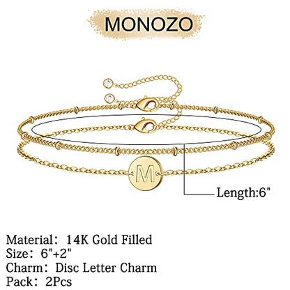 Gold Initial Bracelets for Women Girls Jewelry Gifts - Dainty 14K Gold Plated Layered Beaded Letter Bracelet 26 Alphabet Disc Monogram Initial Bracelets Birthday Gifts for Women Girls Teens - style: M