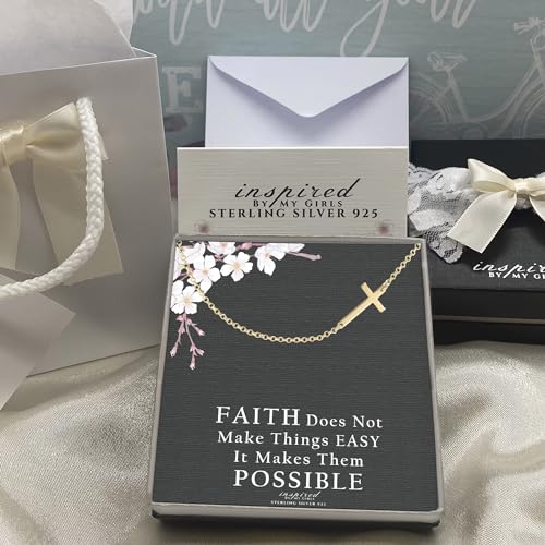 Sterling Silver Sideways Cross Necklace with Adjustable Rolo Chain and Faith Keepsake Card Gift For Women - style: 14K Gold over Sterling Silver