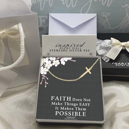Sterling Silver Sideways Cross Necklace with Adjustable Rolo Chain and Faith Keepsake Card Gift For Women - style: 14K Gold over Sterling Silver