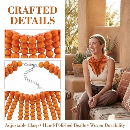 Coiris Boho African Wooden or Acrylic Beaded Bib Statement Necklace Strands Layered Cluster Chunky Collar Choker Wood Necklace for Women Fashion Costume Jewelry - color: Orange