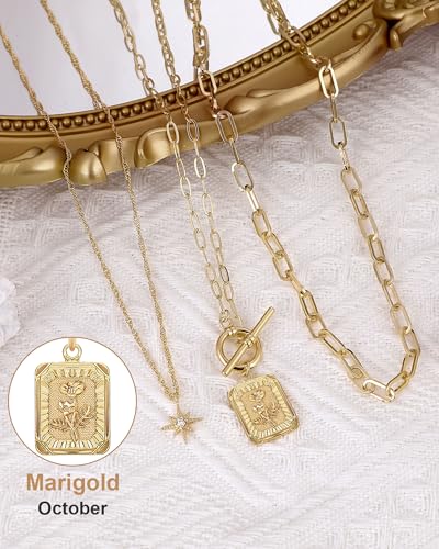 MJartoria Layered Necklaces for Women, 14K Gold Plated Brass | Star Choker, Square Birth Flower, Paperclip Chain, Trendy - color: Gold, style: Z10-Marigold