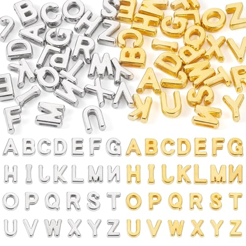 Beadthoven 104Pcs Full Letter Charms Acrylic A-Z Slider Charms Alphabet Letter Beads Golden Platinum Plated Initial Charm for DIY Necklace Choker Slide Wristbands Bracelets Jewelry Making Supplies