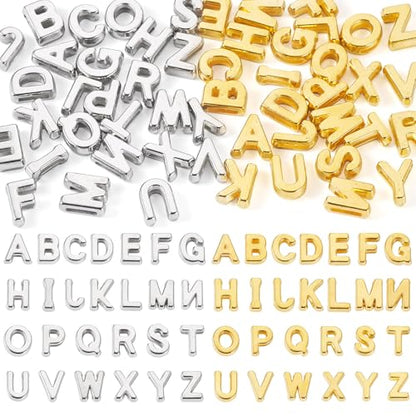 Beadthoven 104Pcs Full Letter Charms Acrylic A-Z Slider Charms Alphabet Letter Beads Golden Platinum Plated Initial Charm for DIY Necklace Choker Slide Wristbands Bracelets Jewelry Making Supplies