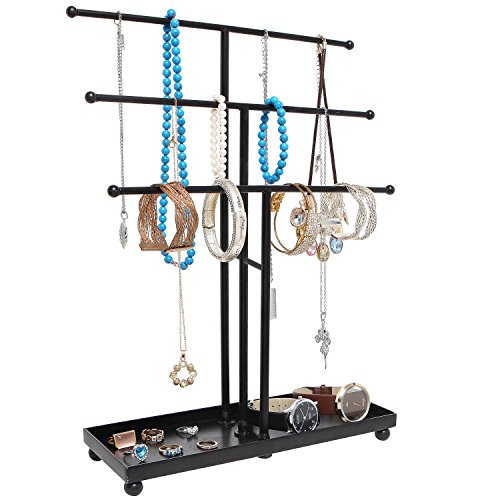 MyGift 3 Tier Black Metal Jewelry Organizer Stand with Ring Tray Base | Organize necklaces and bracelets across three tiers while the sturdy base tray keeps rings and small jewelry neatly stored