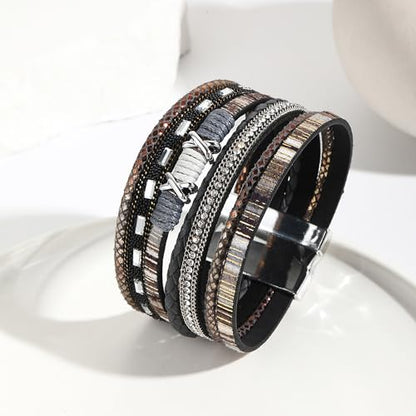VIBILIA Boho Leather Wrap Bracelets for Women Multi-Layer Bracelets | With Strong Clasp Jewelry for Women - color: 02-XxMilletBead-Black