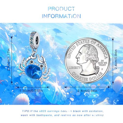 925 Sterling Silver Charms Bead for Bracelets Necklaces, Star Moon Crescent Sun Solar Pendent, Blue Ocean Starfish Shells Turtle Crab Starry Sea Cute Jewelry Birthday Gifts for Women Men - style: Crab