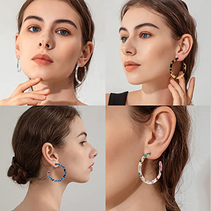 Casoty 4 Pairs Acrylic Hoops Earrings for Women, Resin Tortoise Shell Resin Hoop Earrings Fashion Statement Earrings Gifts for Women